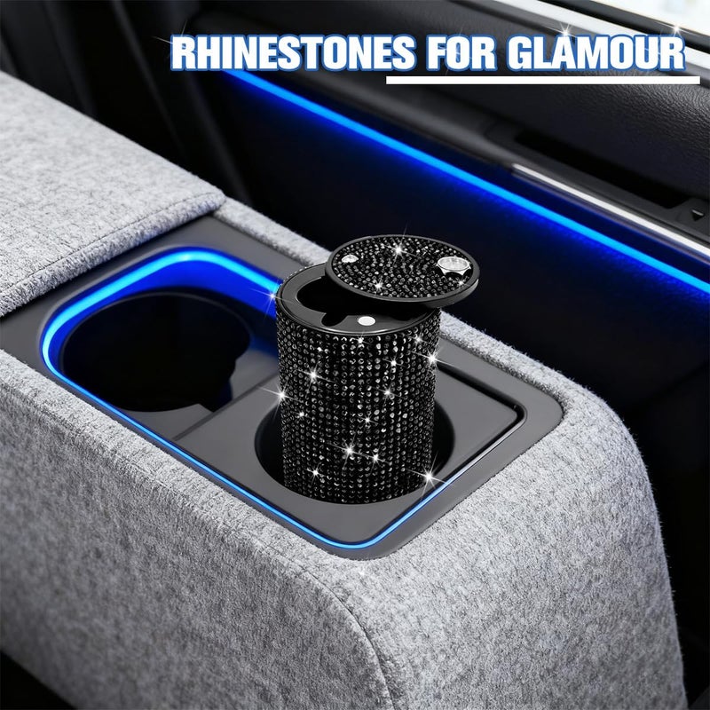 FALVFUN Bling Car Ashtray, Rhinestones Smokeless Smell Proof Vehicle Cup Holder Ash Tray with Lid, Sparkling Diamond Portable Automotive Interior Ashtray, Universal for SUV RV Truck (Black) - Image 5